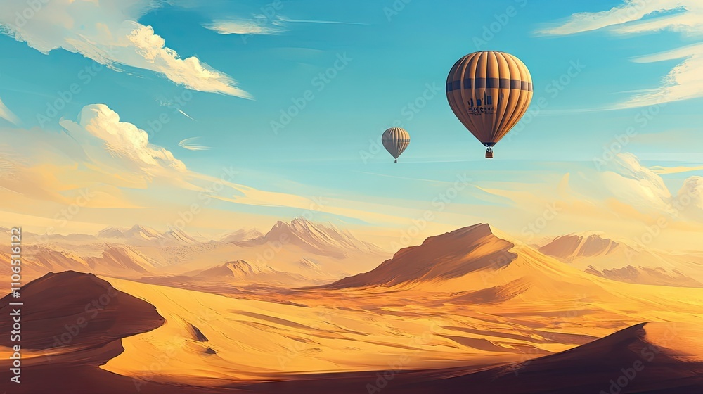 Hot Air Balloons Gliding Over Golden Landscape Hot Air Balloons Gliding Over Golden Landscape