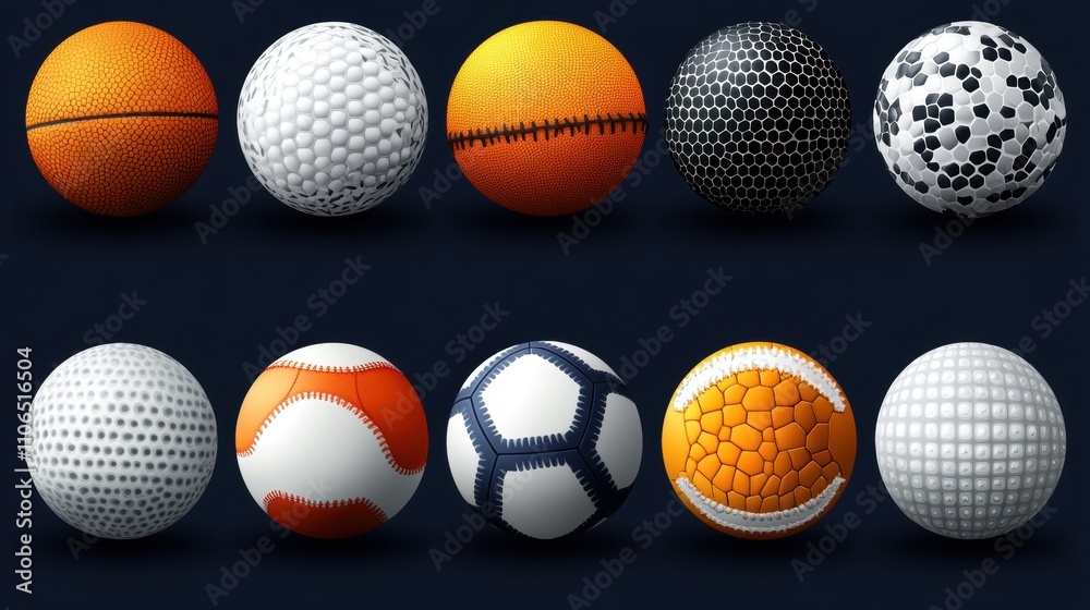 Fototapeta premium A Variety of Colorful Sports Balls on a Dark Background Featuring Basketball, Soccer, Baseball, and More for Dynamic Sports-Themed Projects and Designs