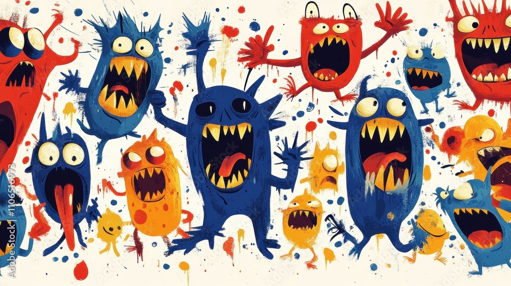 Colorful and Playful Cartoon Monsters with Bright Expressions and Vibrant Background for Creative Projects and Children’s Themes Visualization