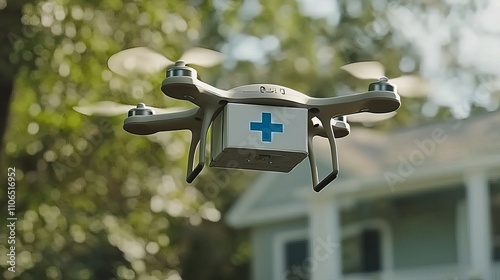 A medical drone, equipped with a first aid kit, hovers in mid-air against a blurred background of greenery. photo