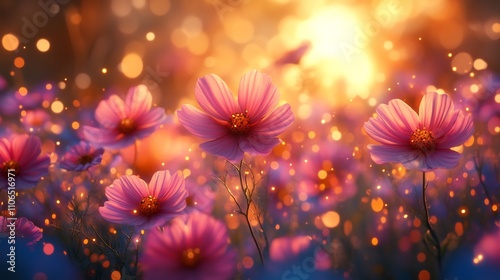 Dreamlike meadow filled with ethereal flowers glowing under a celestial sunset