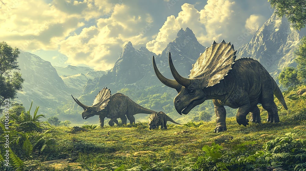 Naklejka premium Three Triceratops dinosaurs walk through a prehistoric landscape.