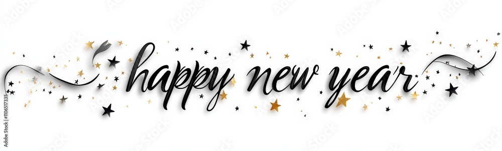 Obraz premium Elegant Cursive Happy New Year Typography with Black and Gold Stars