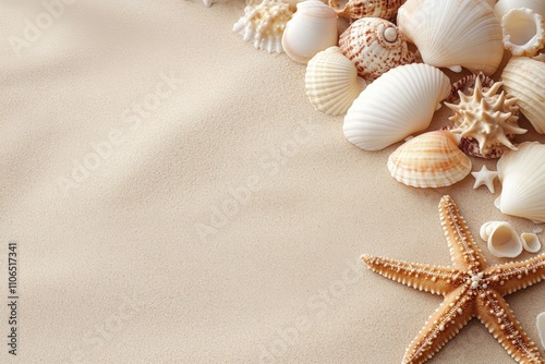 Aerial view of white and beige seashells with pink and brown tones on sandy beach with starfish in natural summer coastal setting photo