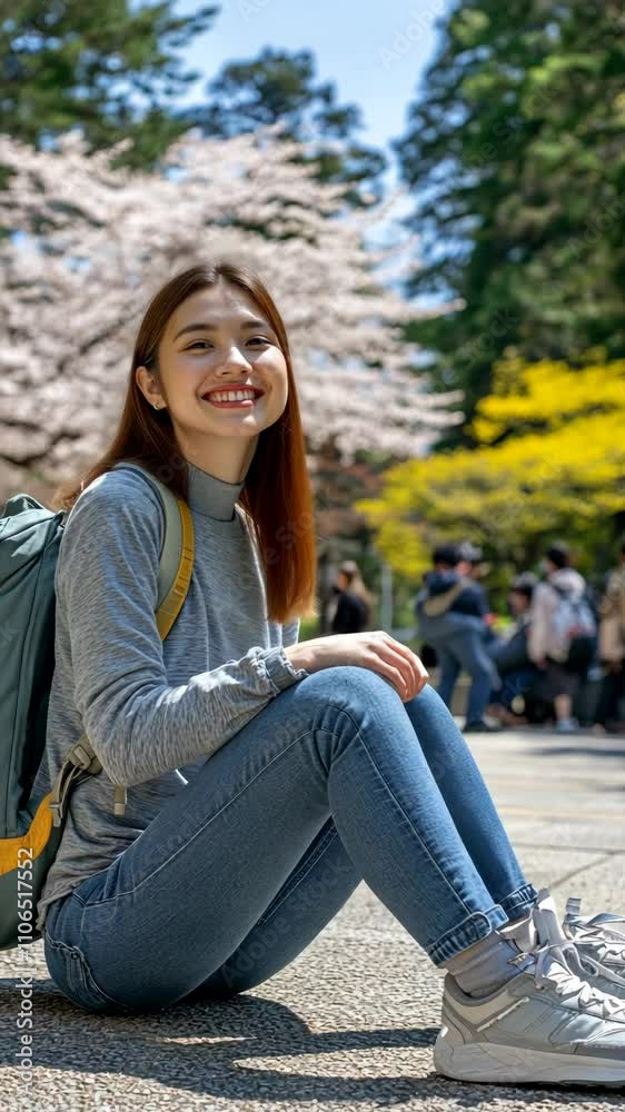 Young woman enjoying a spring day in a park surrounded by cherry blossoms and greenery Young woman enjoying a spring day in a park surrounded by cherry blossoms and greenery