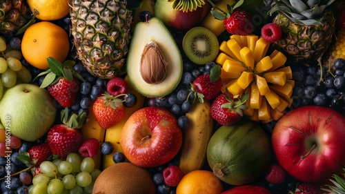 Fototapeta Naklejka Na Ścianę i Meble -  Hyperrealistic close-up of a diverse assortment of fresh fruits in a basket
