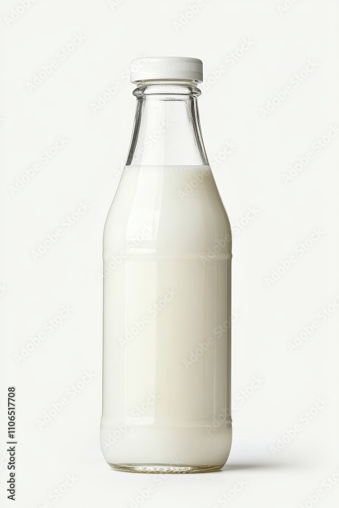 Clear glass milk bottle filled with fresh milk on a white background Clear glass milk bottle filled with fresh milk on a white background