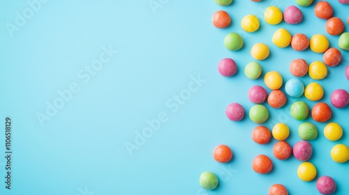 A border of colorful candies on a blue background.