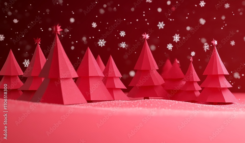 Red Geometric Christmas Trees with Snowflakes on Red Gradient Background Red Geometric Christmas Trees with Snowflakes on Red Gradient Background