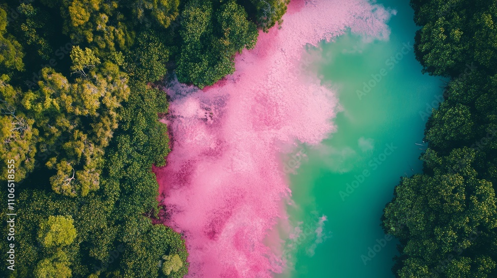 Aerial view of pink and green river flowing through lush green forest. Aerial view of pink and green river flowing through lush green forest.