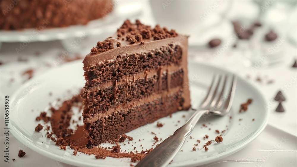 Hyperrealistic close-up of a delicious slice of chocolate cake on a plate
Hyperrealistic close-up of a delicious slice of chocolate cake on a plate