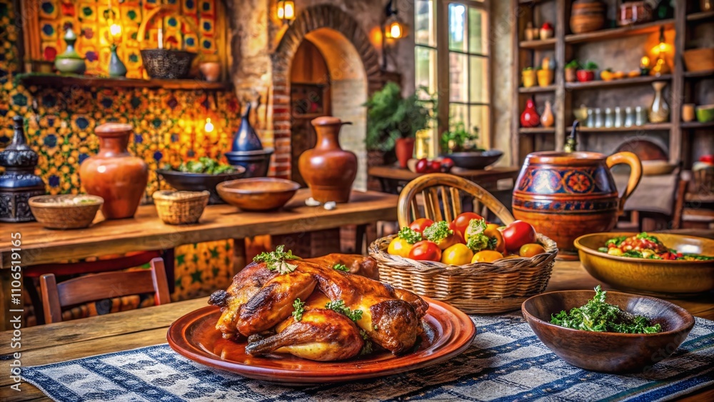 Fototapeta premium Architectural Photography of a Cozy Portuguese Restaurant Featuring Grilled Piri Piri Chicken, Vibrant Spices, and Traditional Decor in a Warm, Inviting Setting