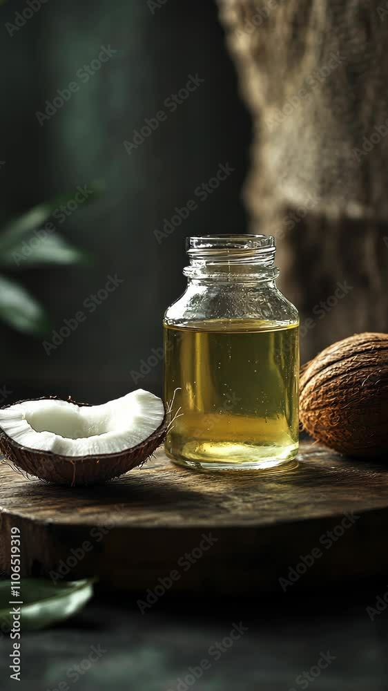 Coconut oil in a glass jar beside a halved coconut showcasing natural beauty and culinary potential Coconut oil in a glass jar beside a halved coconut showcasing natural beauty and culinary potential