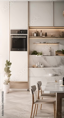 A beautiful modern light white kitchen 4K vertical
