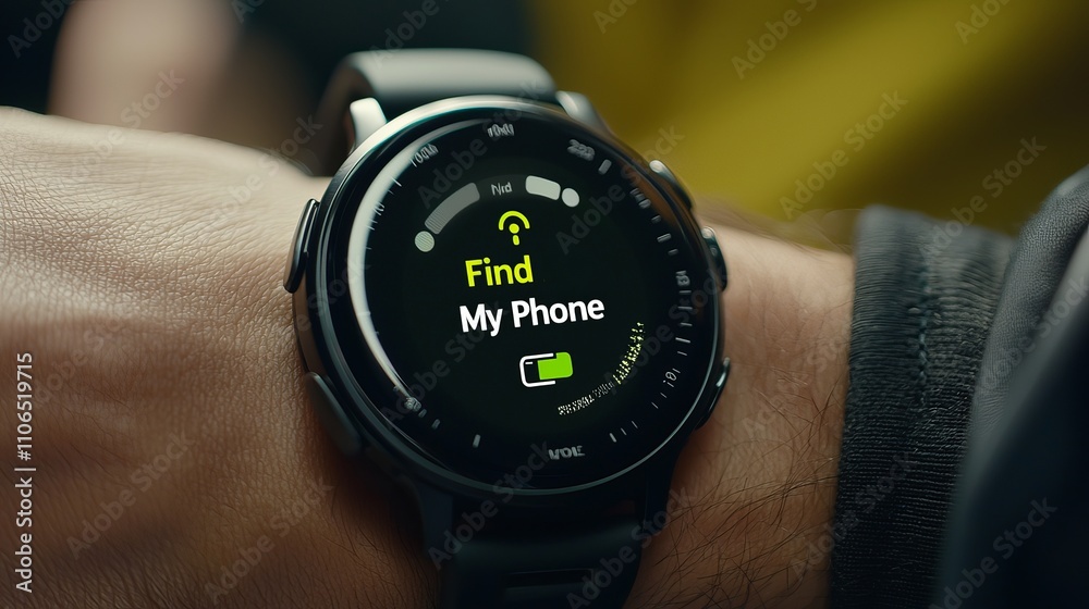 Close-up of a smartwatch on a hand displaying 'Find My Phone' feature with low battery icon. Close-up of a smartwatch on a hand displaying 'Find My Phone' feature with low battery icon.