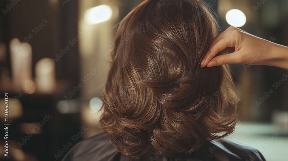 Fototapeta premium A stylist shapes a client's long, brown, curly hair.