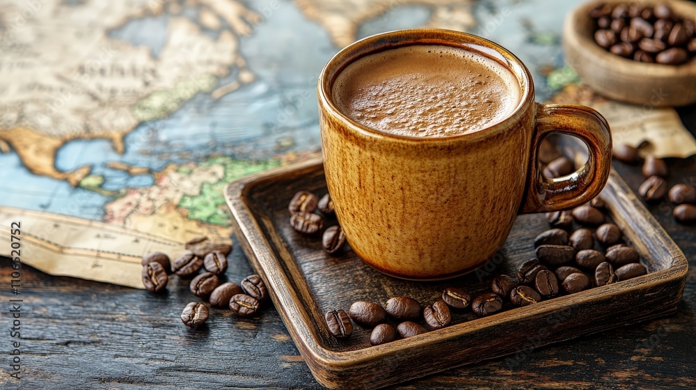 A warm cup of coffee sits on a wooden tray with coffee beans, set against a vintage map backdrop. A warm cup of coffee sits on a wooden tray with coffee beans, set against a vintage map backdrop.