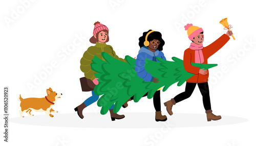 Three friends joyfully carry a Christmas tree while a dog happily follows during the winter season