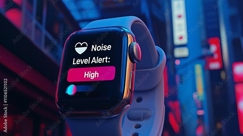 Close-up of a smartwatch displaying a high noise level alert in a vibrant urban setting. Close-up of a smartwatch displaying a high noise level alert in a vibrant urban setting.