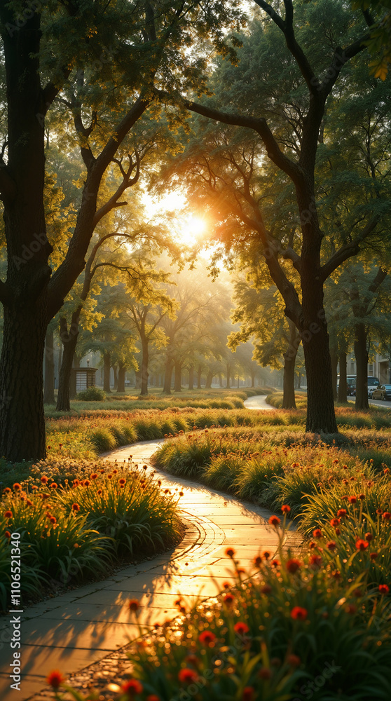 Naklejka premium Serene Garden Path Winding Through Blooming Trees and Colorful Flower Beds in Spring Park