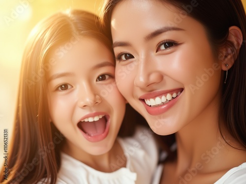  A closeup shot of a smiling mother and daughter, showcasing their happiness and bond. Soft lighting enhances their radiant skin and joyful expressions.