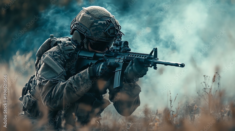 A soldier in camouflage gear aims a rifle at a target, amidst smoke. A soldier in camouflage gear aims a rifle at a target, amidst smoke.
