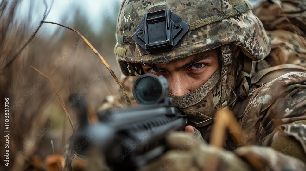 Fototapeta premium A soldier aims a rifle in a field, with a blurred background.
