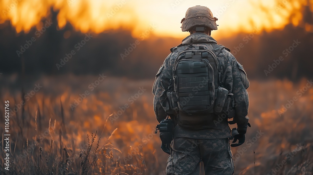 A soldier in camouflage gear stands in a field at sunset, holding a rifle. A soldier in camouflage gear stands in a field at sunset, holding a rifle.