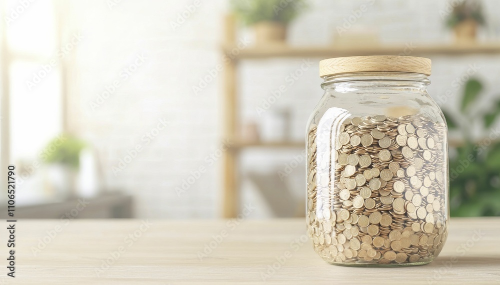Retirement savings jar, rustic chic style, earthy materials, top view focus, with cozy home office background.
