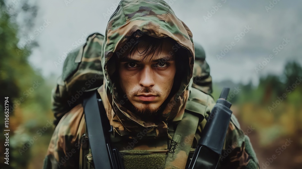 A soldier in camouflage gear aims a rifle at a target, amidst smoke. A soldier in camouflage gear aims a rifle at a target, amidst smoke.