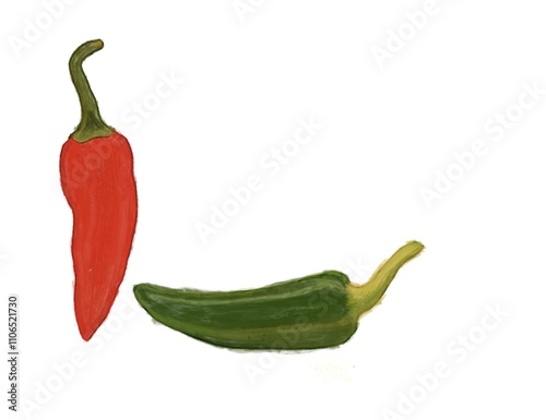 Red and green chili peppers.  Fresh chili peppers illustration.  Artistic chili pepper illustration.  