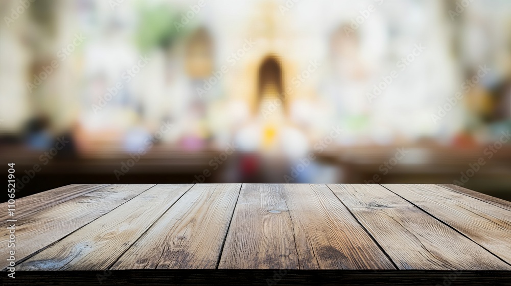 A textured wooden table with a blurred church interior in the background, creating a serene atmosphere. A textured wooden table with a blurred church interior in the background, creating a serene atmosphere.