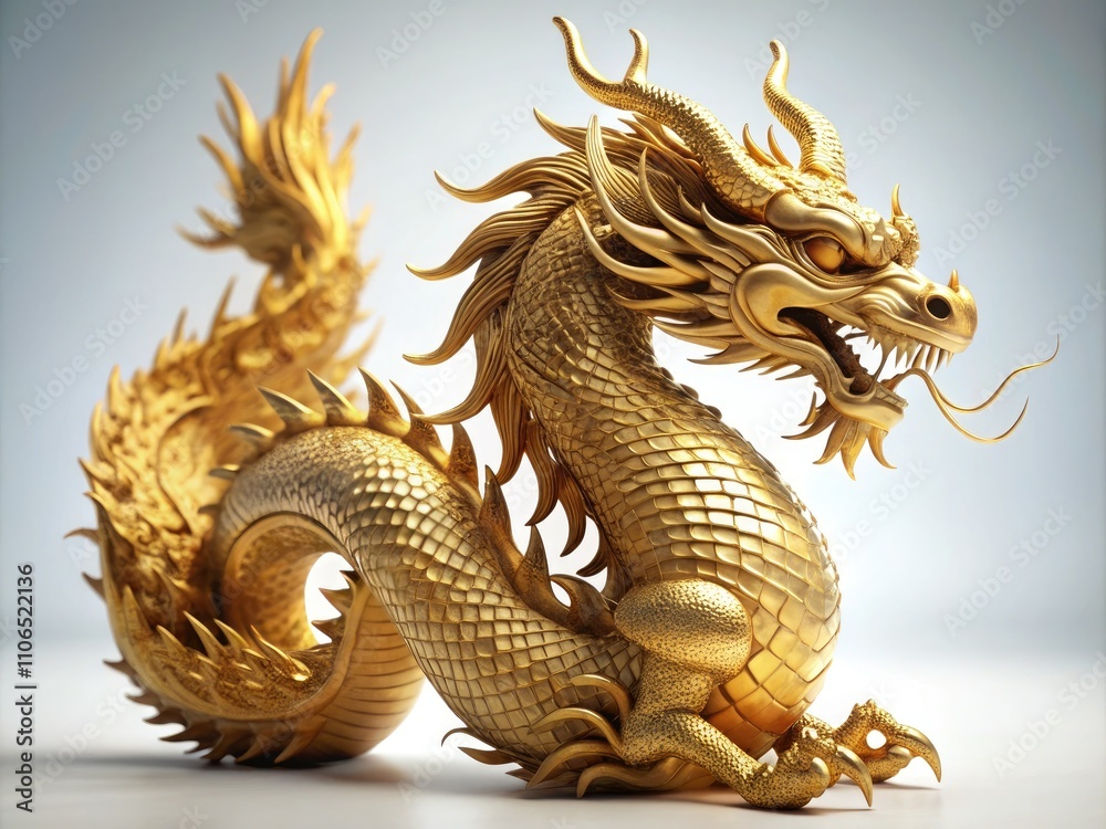 Majestic Golden Dragon Sculpture, Isolated White Background, High Depth of Field, 3D Render, Detailed, Mythical Creature Majestic Golden Dragon Sculpture, Isolated White Background, High Depth of Field, 3D Render, Detailed, Mythical Creature