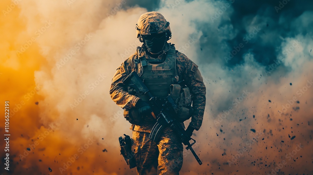 A soldier walks through a field at sunset. A soldier walks through a field at sunset.