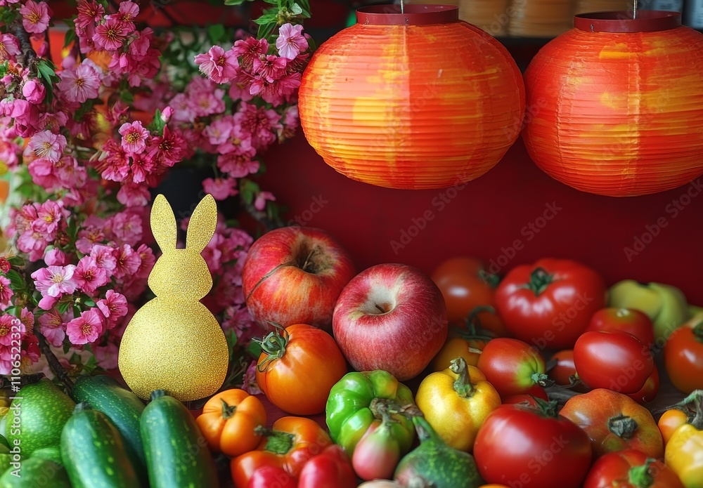 Chinese New Year Celebration 2025 with Red Background Golden Rabbit Cherry Blossoms Lanterns Decoration Chinese New Year Celebration 2025 with Red Background Golden Rabbit Cherry Blossoms Lanterns Decoration