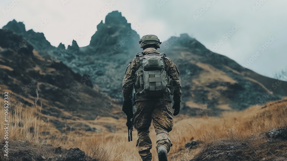A soldier in camouflage walks uphill, with a rifle strapped to his back. A soldier in camouflage walks uphill, with a rifle strapped to his back.