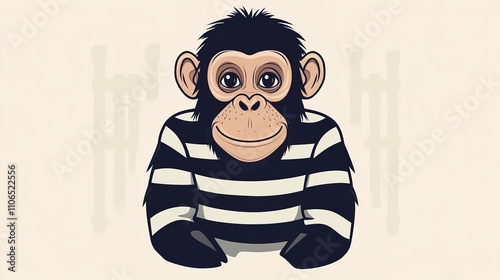 Icon of a mischievous chimpanzee in a striped prison uniform, featuring a curious expression, expressive eyes, and a faint jail-themed minimalist background, perfect for modern digital applications. photo