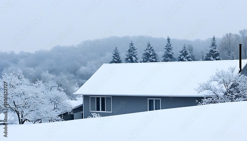 Tranquil rural winter scene with snow-covered houses. Tranquil rural winter scene with snow-covered houses.