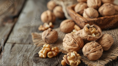 Close-up of walnuts on table with walnut background