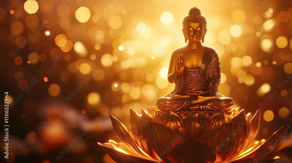 Golden Buddha Statue Surrounded by Soft Bokeh Lights and Glow Golden Buddha Statue Surrounded by Soft Bokeh Lights and Glow