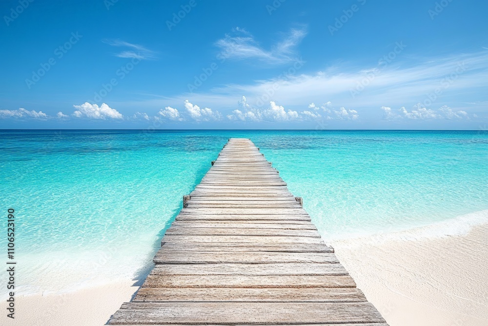 Serene Tropical Wooden Pier Extending Over Turquoise Ocean with Blue Sky and Sandy Beach Serene Tropical Wooden Pier Extending Over Turquoise Ocean with Blue Sky and Sandy Beach