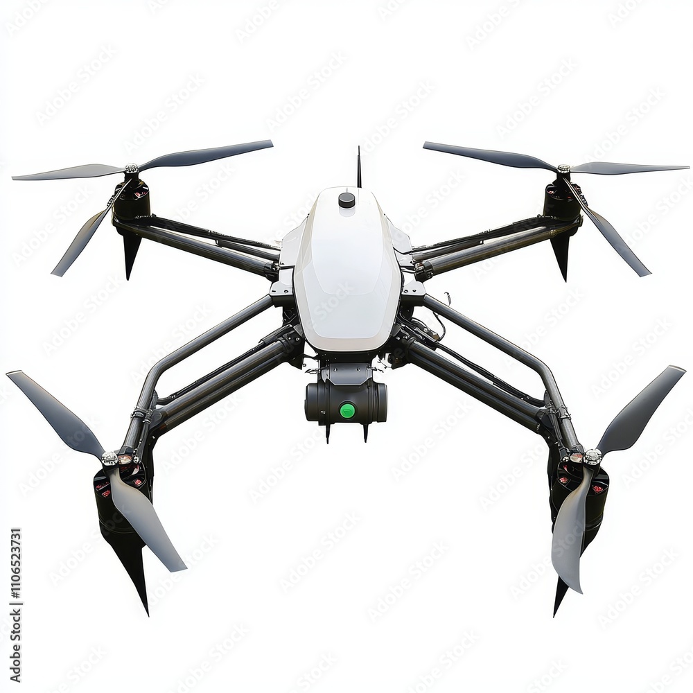 Aerial Drone with Four Rotors Captured from Above in White Color Aerial Drone with Four Rotors Captured from Above in White Color