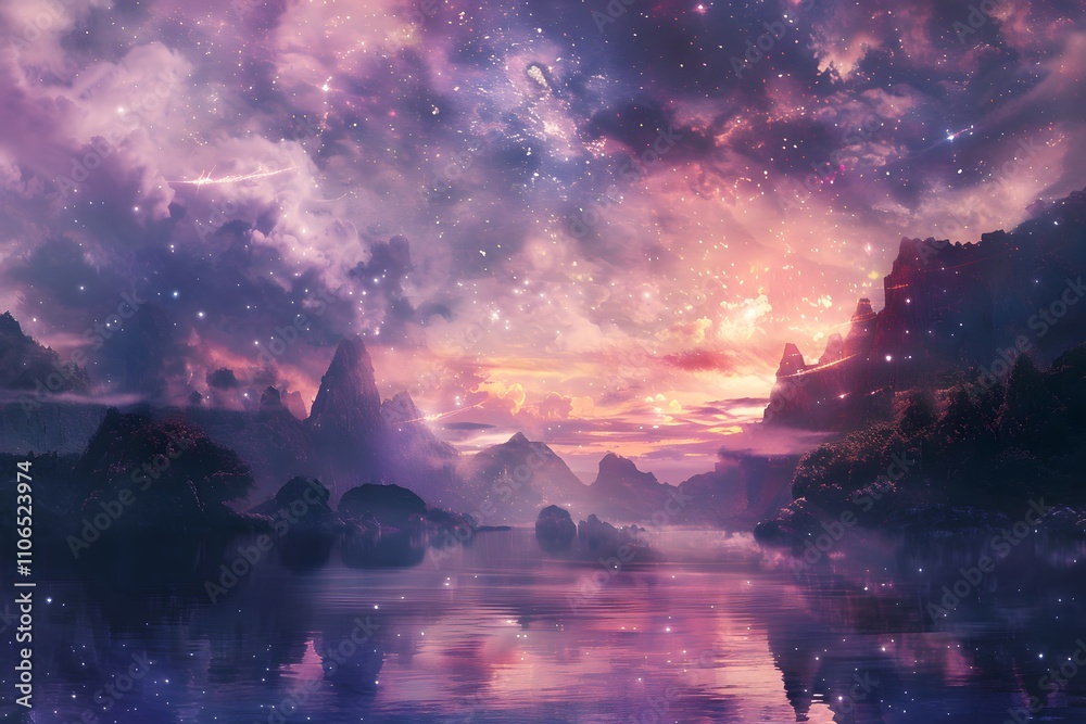 Naklejka premium Mystical Mountain Lake Under a Starry Sky