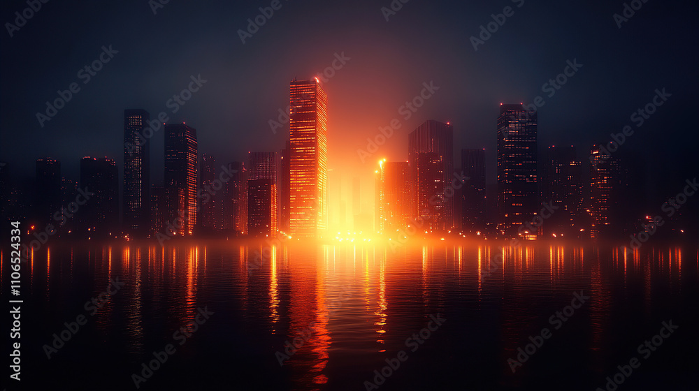 Fototapeta premium A dark city skyline at night, with skyscrapers illuminated by orange lights reflecting on the water below. The sky is overcast