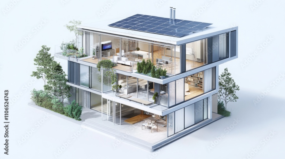 This modern house features a sleek design with multiple levels and expansive glass windows. Solar panels adorn the roof, promoting sustainability. This modern house features a sleek design with multiple levels and expansive glass windows. Solar panels adorn the roof, promoting sustainability.