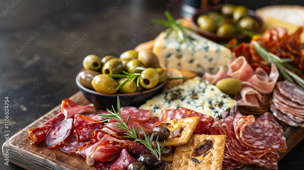 Hyperrealistic close-up of a gourmet charcuterie board with assorted meats, cheeses, olives, and crackers
Hyperrealistic close-up of a gourmet charcuterie board with assorted meats, cheeses, olives, and crackers