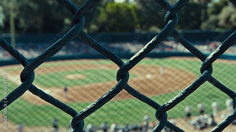 Baseball Field View Through Chain Link Fence at Daytime, Capturing the Excitement of a Game with Blurred Players and Spectators in the Background Baseball Field View Through Chain Link Fence at Daytime, Capturing the Excitement of a Game with Blurred Players and Spectators in the Background