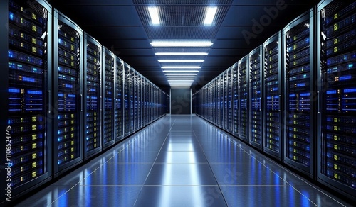 High-Tech Modern Data Center Interior with Server Racks and Blue Lights