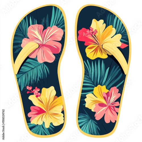 Colorful Flip Flops with Tropical Floral Design on Dark Background
