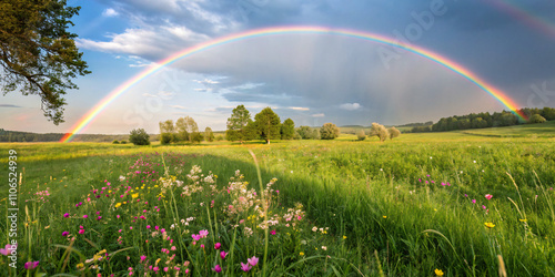 Fototapeta Naklejka Na Ścianę i Meble -  vibrant rainbow over a spring meadow after a light rain shower